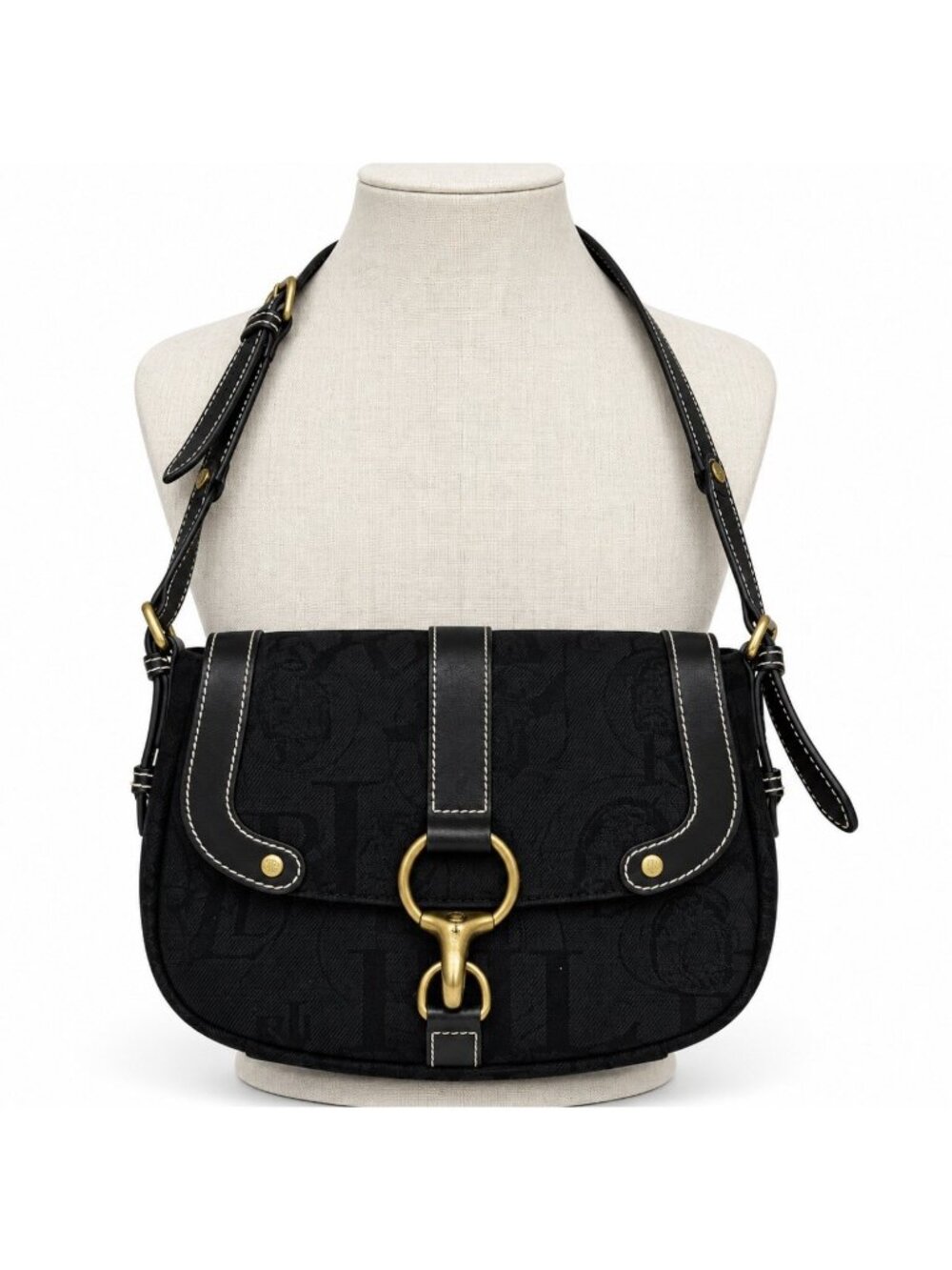 Vtg Lauren Ralph Lauren Logo Crossbody canvas Hobo Bag Black Brass Hardware